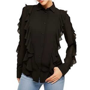 Who What Wear Ruffle Long Sleeve Button Down Shirt Top Black Whimsigoth Chiffon